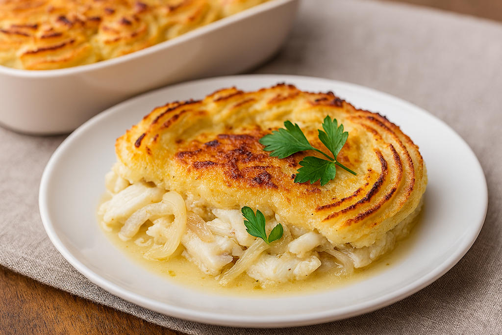 Experience the rich flavors of Bacalhau à Zé do Pipo, a traditional Portuguese dish that combines tender codfish, creamy mashed potatoes, and a delectable touch of mayonnaise.
